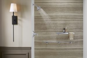 A modern shower system with the water on