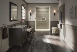Contemporary bathroom featuring a spacious custom walk-in shower